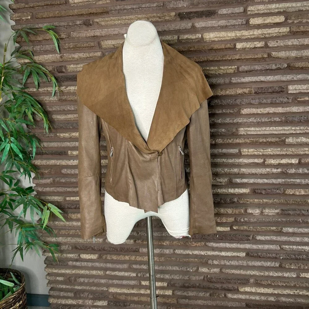 Kors Michael Kors Brown Leather Jacket Suede Moto Waterfall Y2K Designer Medium